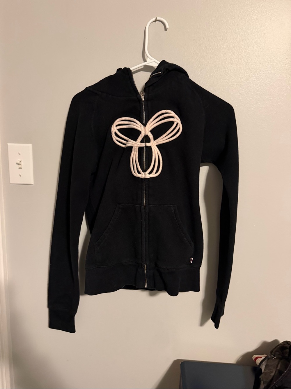 Black Zip-Up Hoodie with Cream Rope Accent